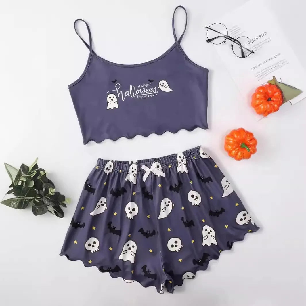 Women'S Pajama Set Halloween Pumpkin Skeleton Print Cami Top & Lettuce Trim Shorts Sleepwear & Loungewear