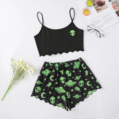 Women'S Pajama Set Halloween Pumpkin Skeleton Print Cami Top & Lettuce Trim Shorts Sleepwear & Loungewear