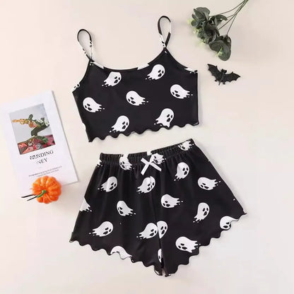 Women'S Pajama Set Halloween Pumpkin Skeleton Print Cami Top & Lettuce Trim Shorts Sleepwear & Loungewear