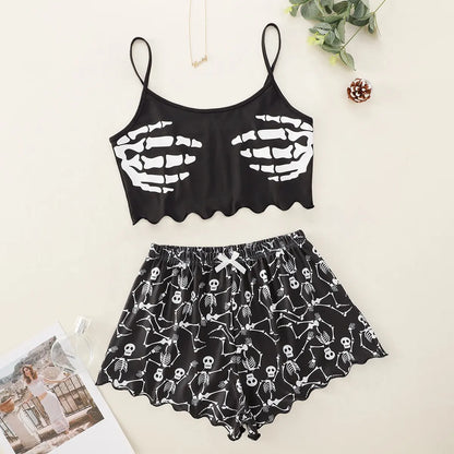 Women'S Pajama Set Halloween Pumpkin Skeleton Print Cami Top & Lettuce Trim Shorts Sleepwear & Loungewear