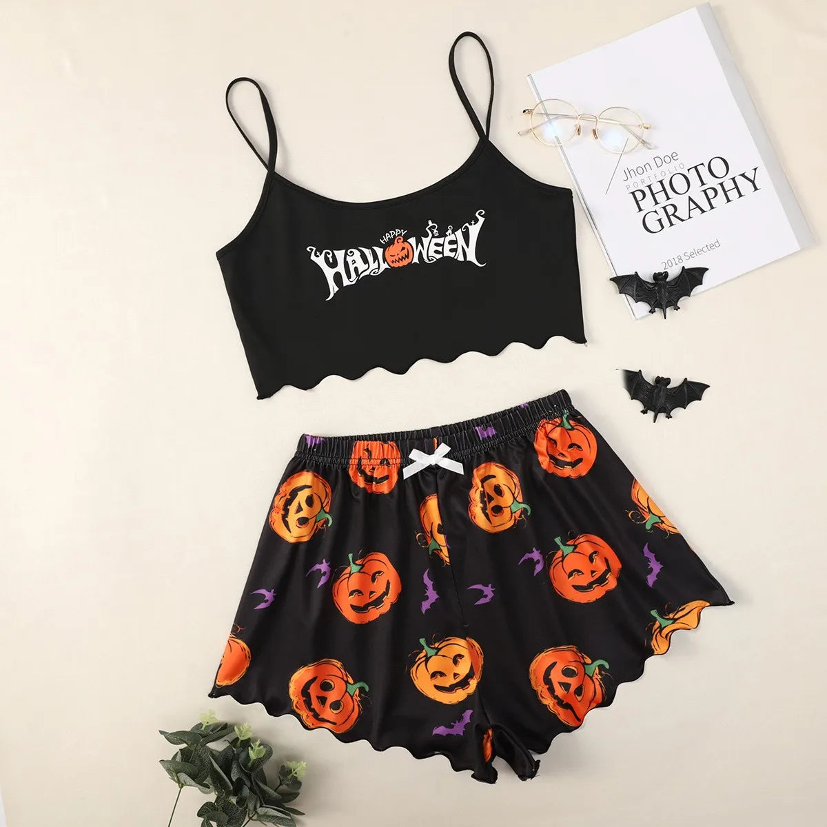 Women'S Pajama Set Halloween Pumpkin Skeleton Print Cami Top & Lettuce Trim Shorts Sleepwear & Loungewear