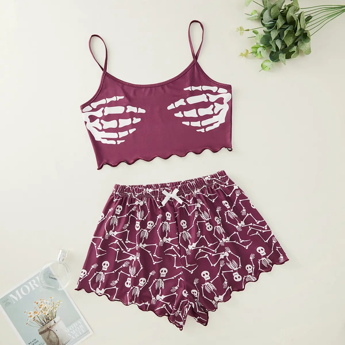 Women'S Pajama Set Halloween Pumpkin Skeleton Print Cami Top & Lettuce Trim Shorts Sleepwear & Loungewear