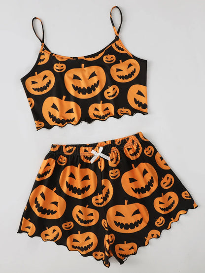 Women'S Pajama Set Halloween Pumpkin Skeleton Print Cami Top & Lettuce Trim Shorts Sleepwear & Loungewear