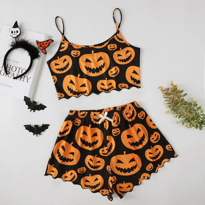 Women'S Pajama Set Halloween Pumpkin Skeleton Print Cami Top & Lettuce Trim Shorts Sleepwear & Loungewear