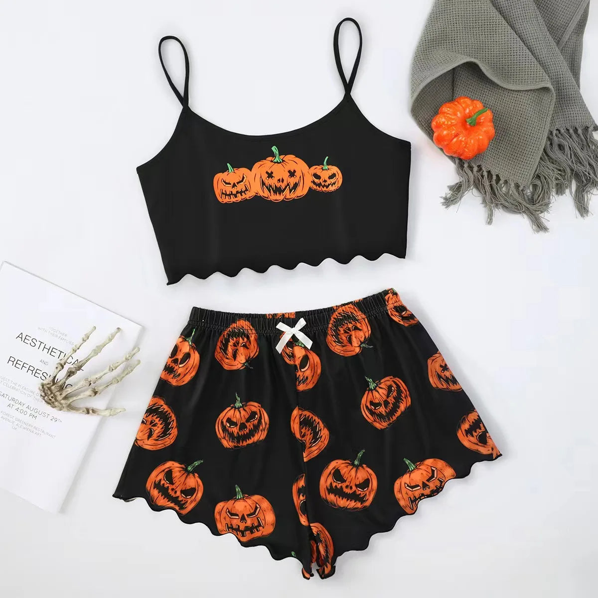 Women'S Pajama Set Halloween Pumpkin Skeleton Print Cami Top & Lettuce Trim Shorts Sleepwear & Loungewear