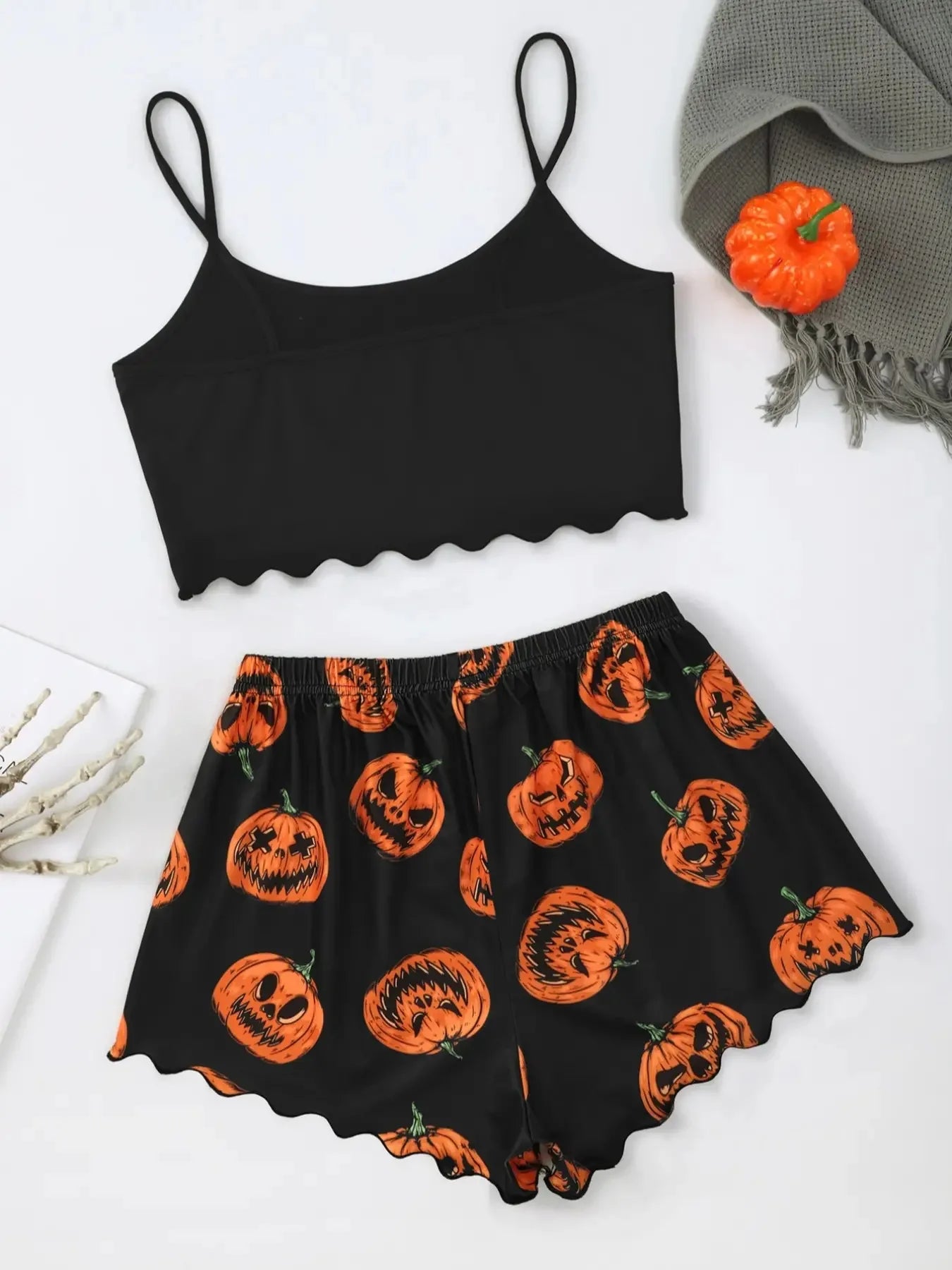 Women'S Pajama Set Halloween Pumpkin Skeleton Print Cami Top & Lettuce Trim Shorts Sleepwear & Loungewear